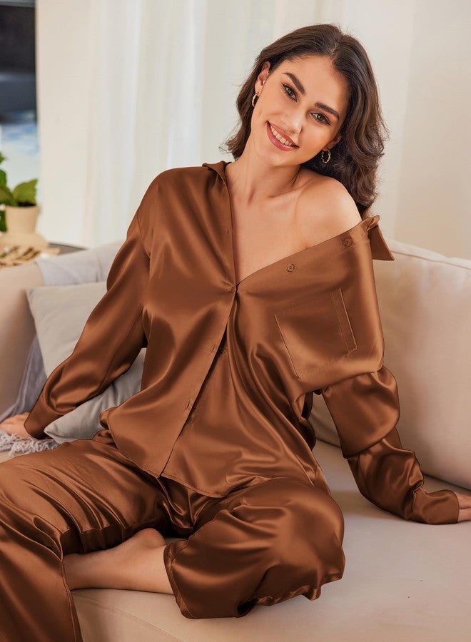 Ekouaer Womens 2 Piece Silk Satin Pajama Set Long Sleeve Lounge Sets Button Down Shirts and Pants PJs Soft Sleepwear Sets Clay L - Image 4